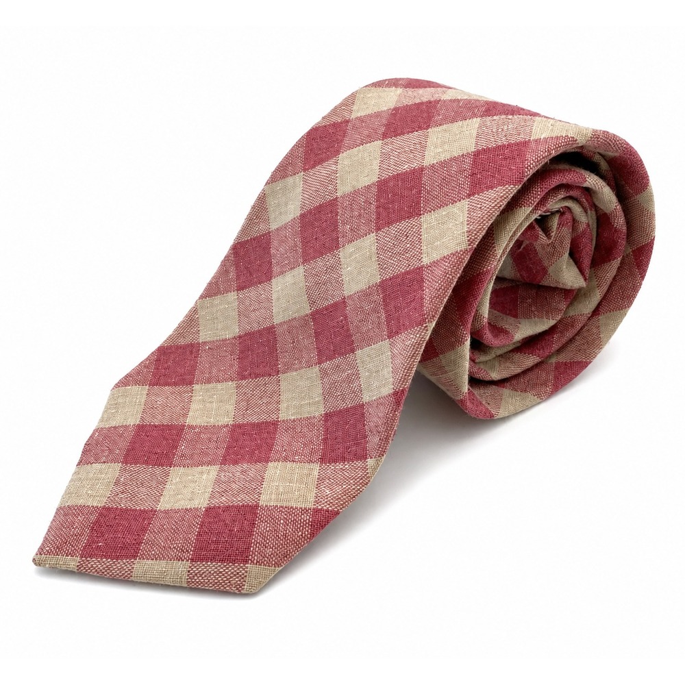Vintage Vicky Davis Men's Classic Neck Tie Red Beige Check Pattern Silk Blend